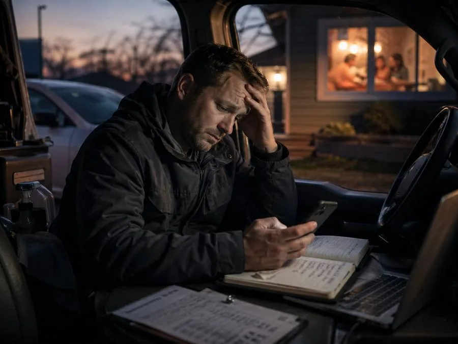 Overwhelmed home service business owner stressed in truck