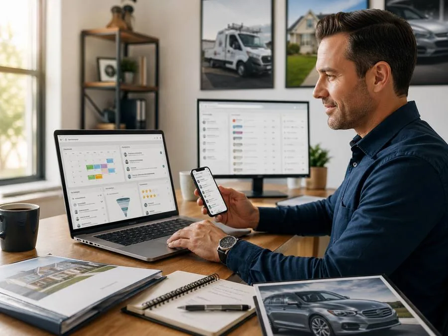 Home service business owner using Patriot Business Systems CRM dashboard